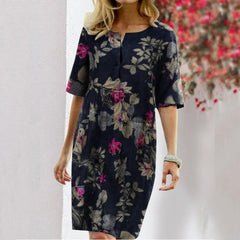 HATHIE - Stylish Women's Summer Leaf Print Dress Round Neckline