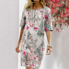 HATHIE - Stylish Women's Summer Leaf Print Dress Round Neckline