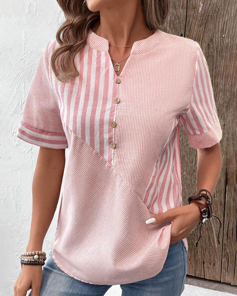 LOTTIE - Asymmetric Cotton Blouse With V-Neck Striped