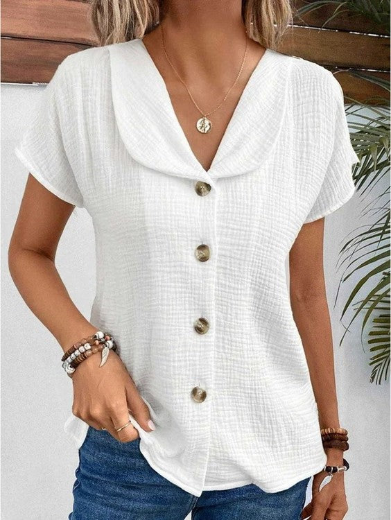 FRANCESCA - Casual Cotton and Linen Women's Blouse With Open Collar