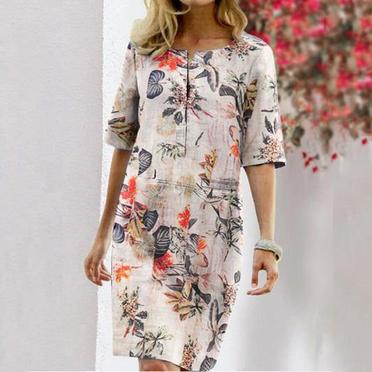 HATHIE - Stylish Women's Summer Leaf Print Dress Round Neckline