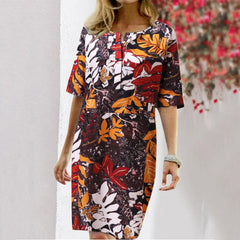 HATHIE - Stylish Women's Summer Leaf Print Dress Round Neckline