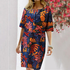 HATHIE - Stylish Women's Summer Leaf Print Dress Round Neckline