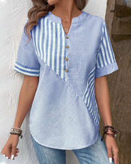 LOTTIE - Asymmetric Cotton Blouse With V-Neck Striped